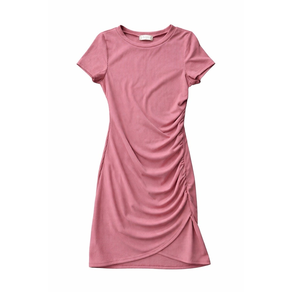 Altar'd State Ribbed Ruched Bodycon Dress Pink Short Sleeve Made In USA Sz Med